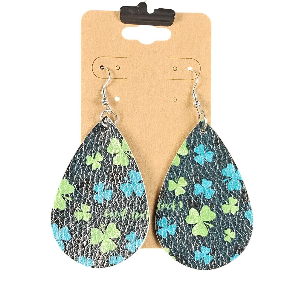 New St Patrick’s Day Shamrock Teardrop Dangle Earrings Black Green Blue 2.5"
